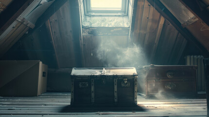 Obraz premium old wooden chest sits in dusty attic, illuminated by soft light streaming through skylight. Dust particles dance in air, creating mysterious atmosphere