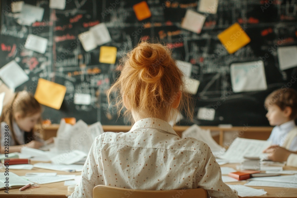 Poster A teacher in a chaotic classroom with students running around, papers flying, and a chalkboard covered in incomplete notes