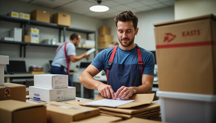 Postal worker sorting mail and preparing packages in a post office during early morning hours with artificial lighting, Labor Day