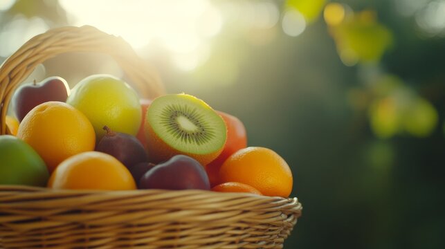 Freshly harvested fruits in a wicker basket illuminated by sunlight, set against a blurred garden background - Powered by Adobe