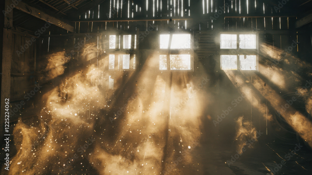 Poster sunlight streams through dusty windows, creating magical atmosphere in old barn. beams of light illu