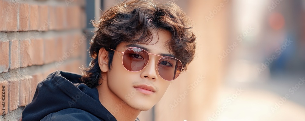 Poster explore this captivating image showcasing a person wearing angular red sunglasses with reflective le