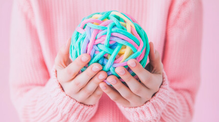 Pastel Rainbow Yarn Ball Held in Gentle Hands: A Soft and Cozy Scene
