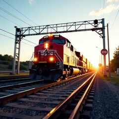 Obraz premium Freight Train Speeding Through Crossing Gate - High-Speed Action