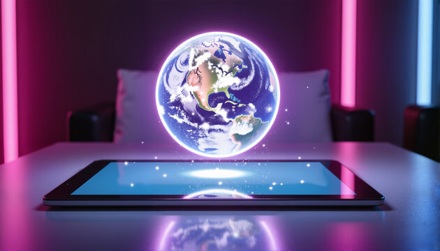 3D hologram of Earth on tablet, Earth Day Theme