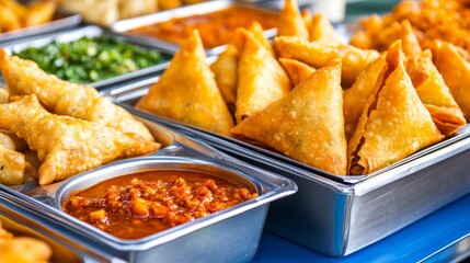 Delicious assortment of crispy samosas served with spicy chutney on a vibrant food stall