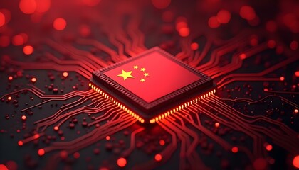 AI computer chip with Chinese flag on it concept.