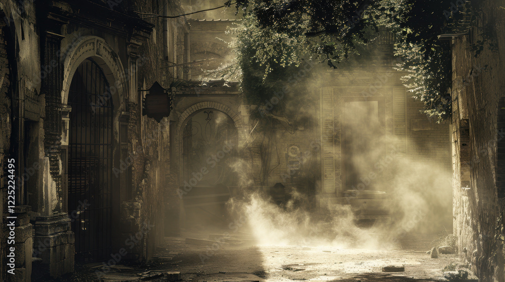 Poster abandoned street with fog and sunlight filtering through trees, creating mysterious atmosphere