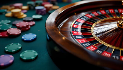 Obraz premium Close up of a roulette wheel in a casino, with chips.