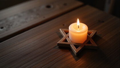 Candle in wooden star holder on rustic table, International Holocaust Remembrance Day