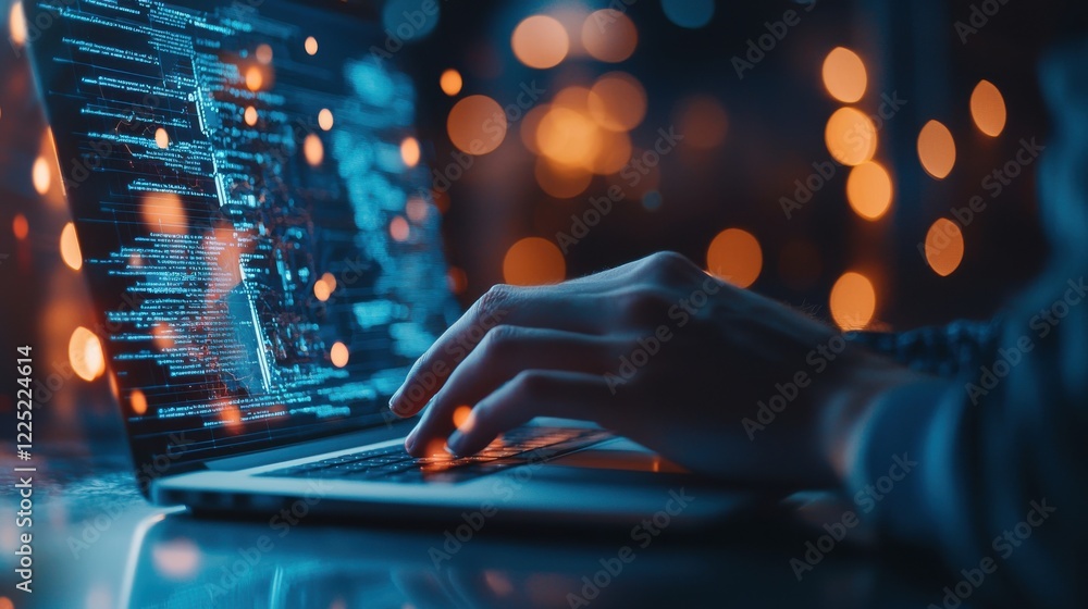 Poster skilled hacker working on laptop with futuristic digital backdrop