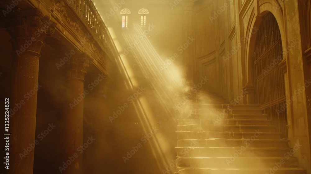 Poster sunlit staircase in abandoned building, with dust particles illuminated by rays of light, creating m