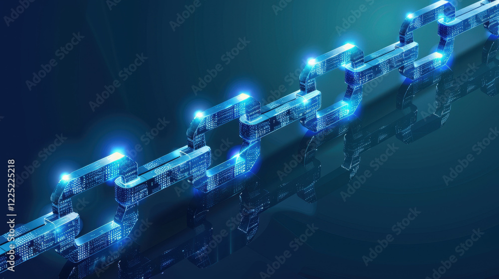 Poster digital chain link representing blockchain technology, glowing blue with futuristic design. this sym