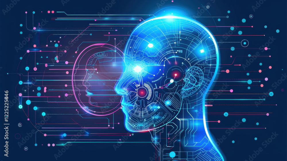 Poster futuristic digital human head with glowing circuits and data patterns, symbolizing artificial intell