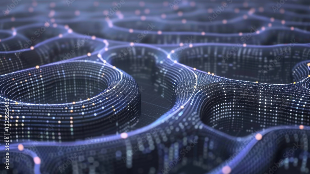 Poster close up view of digital landscape with flowing lines and glowing dots, representing data and techno