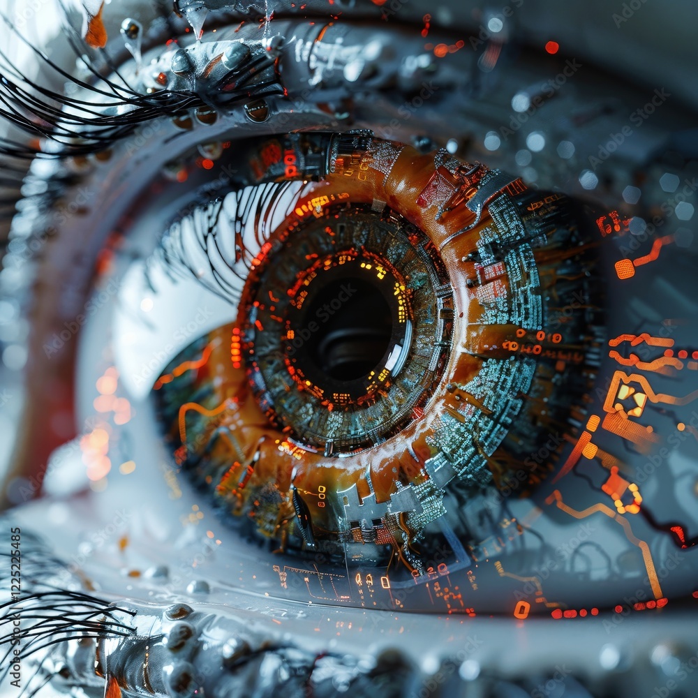 Poster close-up view of an artificial eye with intricate details and technology