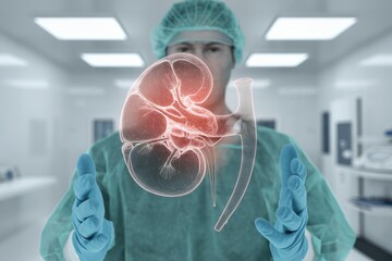 Surgeon Holding A Wireframe Model Of A Kidney