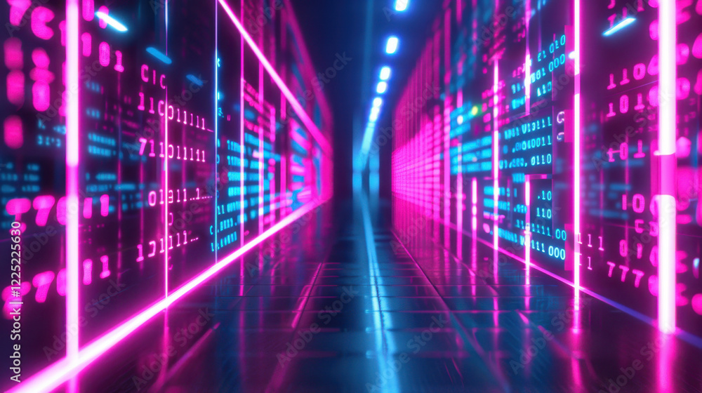 Poster futuristic digital corridor with glowing binary code and neon lights, creating vibrant atmosphere of