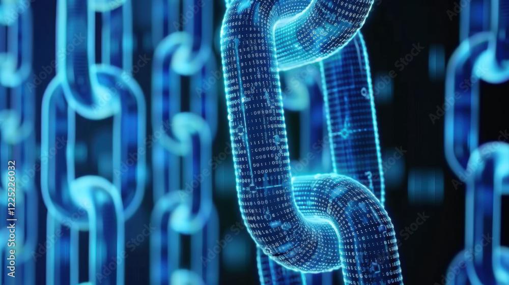 Poster digital chain links with binary code, symbolizing blockchain technology and security. glowing blue d