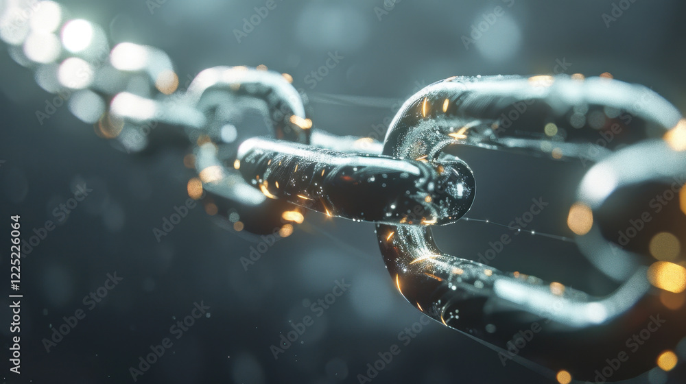 Poster close up view of metallic chain link with shiny surface, reflecting light in dark background, creati