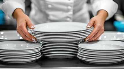 Chef Arranging Stacks of Clean White Plates in a Restaurant Kitchen