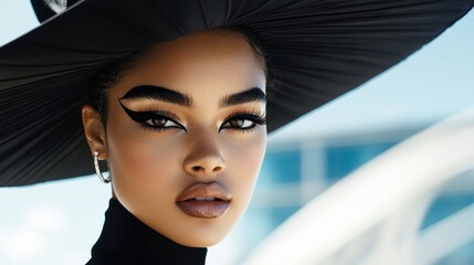 Captivating Feminine Portrait of a Confident and Alluring Woman in High Fashion Makeup and Dramatic Styling