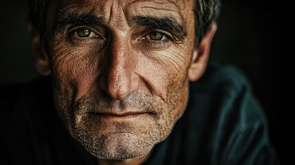Fototapeta premium Close-up portrait of a weathered, middle-aged man with intense gaze.