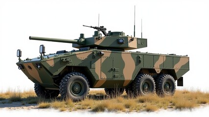 Fototapeta premium Camouflaged Military Armored Vehicle on Grassy Terrain