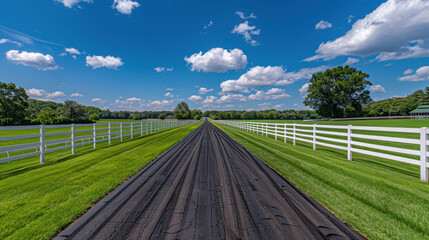 Fototapeta premium Lush green landscape with long road, white fences, and blue sky