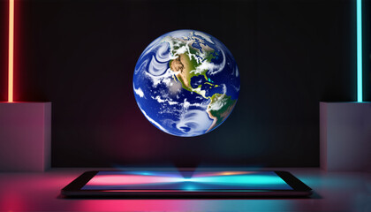 Floating Earth view with digital tablet, Earth Day Theme