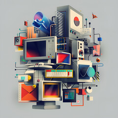 Stylized Retro Computer Components Collage in Vibrant Red and Blue Tones Representing Digital Evolution