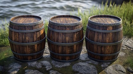 Fototapeta premium Three wooden barrels stand on a rocky shore with water in background rustic outdoor scene