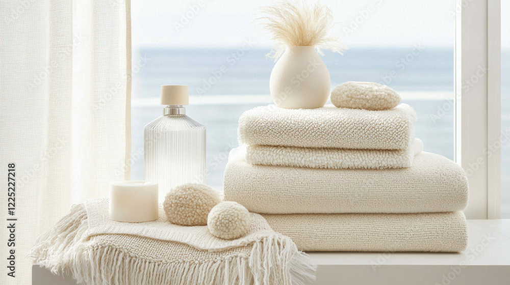 Aufkleber soft white towels and decor arranged by window with ocean view