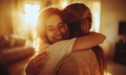 Tender Moment of Affection Between Two Women Embracing at Home in Warm Ambient Light, Displaying Love, Comfort, and Trust in a Cozy Domestic Setting, Generative AI