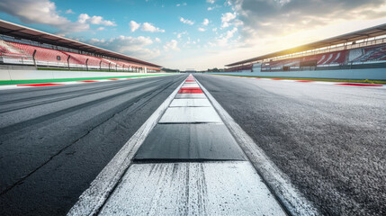 Fototapeta premium image captures racetrack with clear view of asphalt surface, tire marks, and grandstands under bright sky. scene evokes sense of speed and excitement