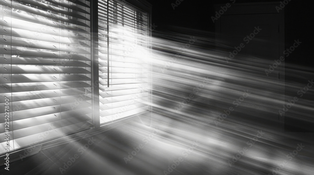 Poster light beams streaming through window blinds, creating dramatic effect in dark room, enhancing atmosp