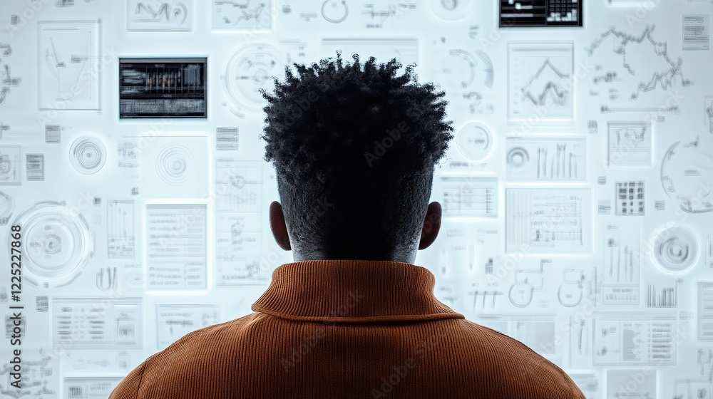 Poster individual observing data visualizations on a wall, immersed in analytics and insights