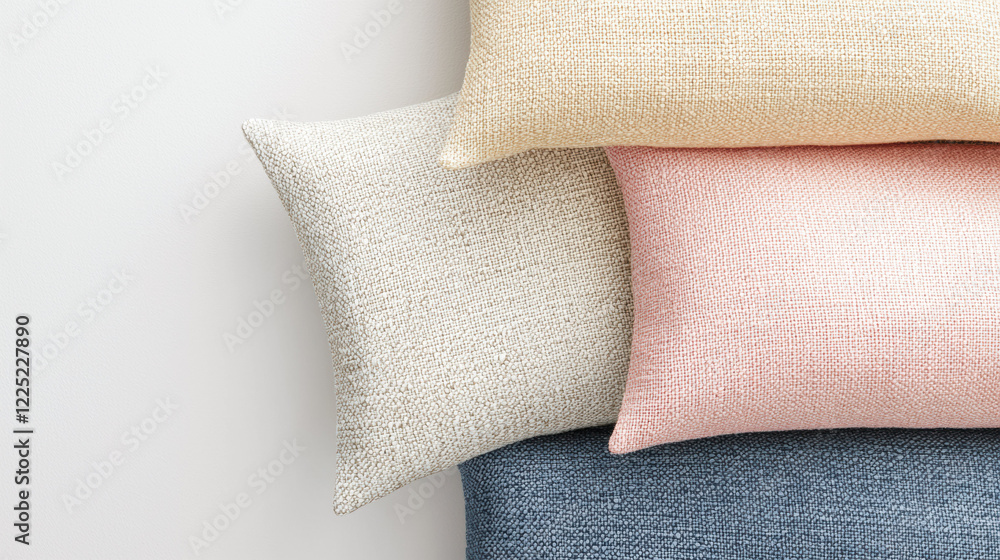 Poster soft textured pillows in neutral and pastel colors stacked together, adding warmth and comfort to an