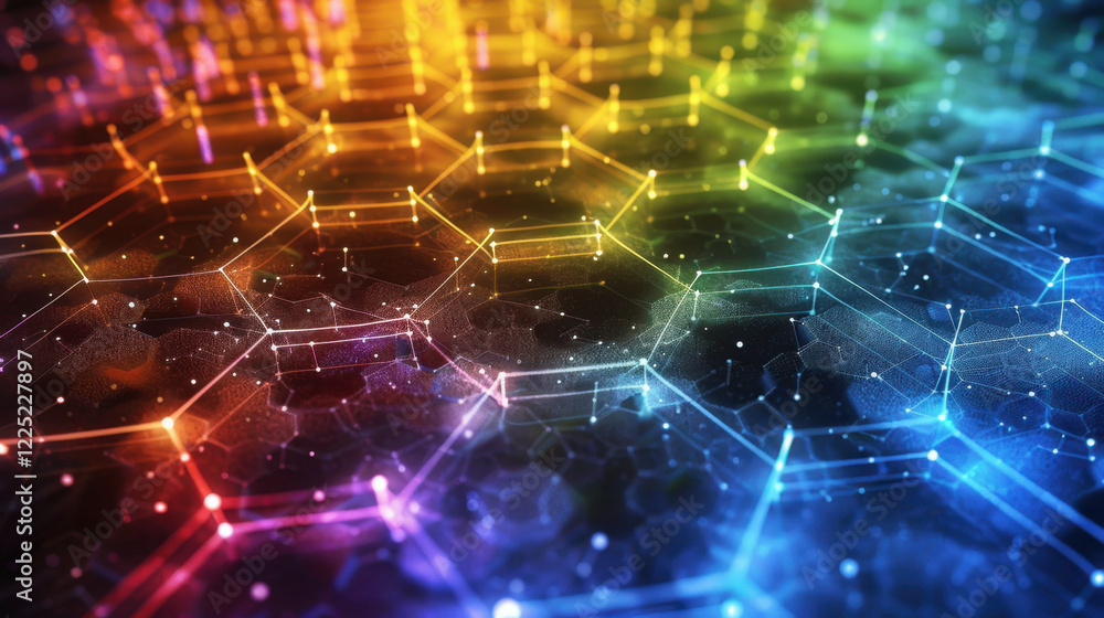 Poster vibrant hexagonal patterns with glowing colors create mesmerizing digital landscape. interplay of li