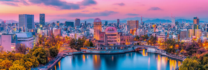 Fototapeta premium Nagasaki Cityscape at Twilight: Atomic Bomb Dome and Skyline Panorama