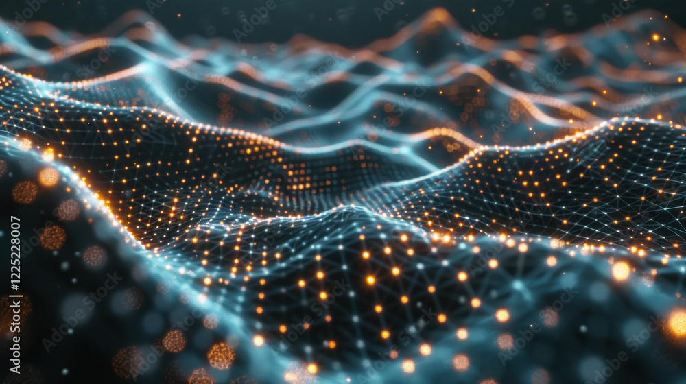 Poster abstract digital landscape with glowing particles and waves, creating mesmerizing visual effect that