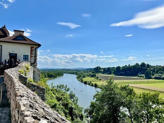 View of the Vistula River and fields from the Benedictine Abbey wall in Tyniec, Krakow, Poland....