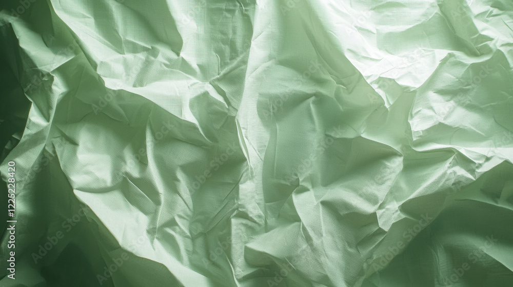 Poster Crumpled green fabric texture with soft light creating depth and shadows