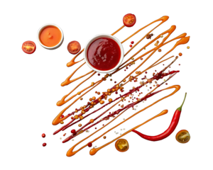 Red and orange sauce streaked across a backdrop in an abstract pattern,