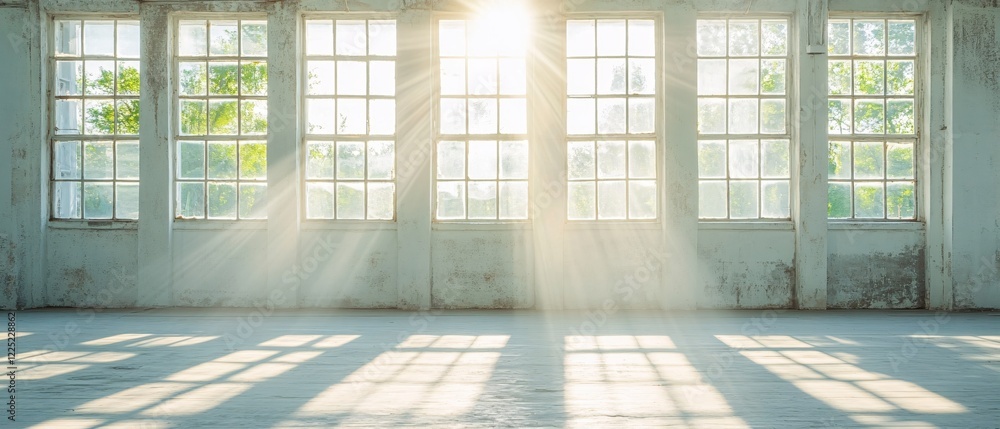 Poster sunlight streaming through large windows in a bright empty room with white walls and floor
