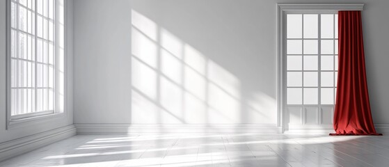 Empty room with bright sunlight streaming through window and red curtain on door frame