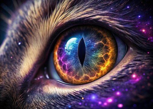 Mystical pet photography: close-up of a cat's eye, a purple galaxy swirling within.