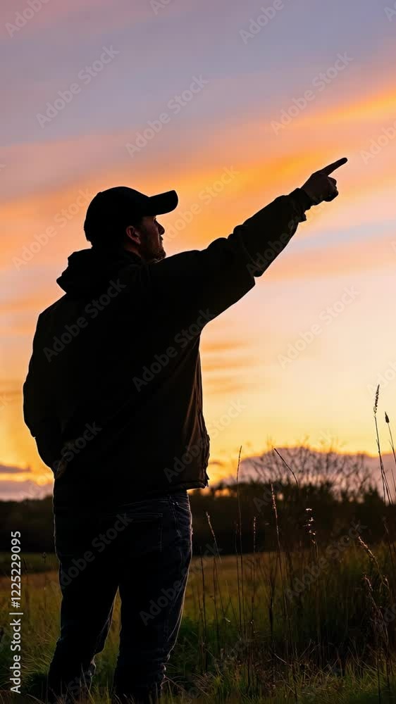 Poster man points at colorful sunset sky while standing in a field during twilight hours