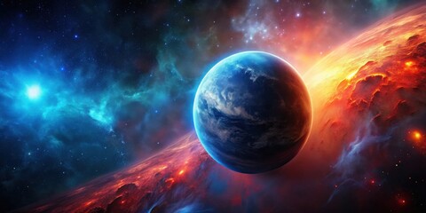 Obraz premium A celestial body orbits a fiery nebula, cosmic dust and vibrant colors fill the vast expanse of space