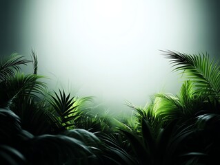 Naklejka premium Fantasy jungle, glowing tropical plants in mist, 3D illustration